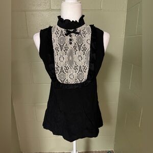 Nanette Lepore Black Sleeveless Lace Bib Ruffle Neck Blouse